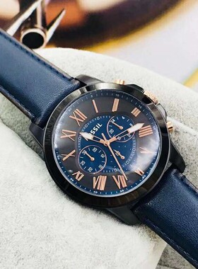 FOSSIL皮表带手表深蓝色酷黑计时商务休闲石英表防水男表