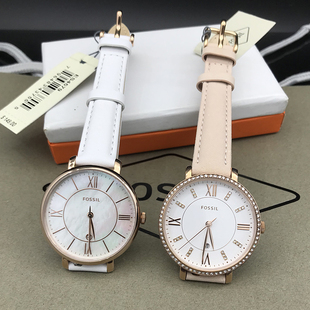 FOSSIL皮带手表白色玫瑰金贝母面简约休闲时尚石英防水女表