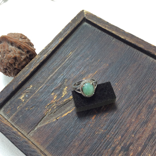 天然玉石南阳独山玉银镶复古玉戒指女款民族风开口可调节玉石戒指