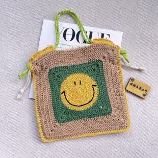 成品毛线包可爱笑脸手提斜挎包沙滩度假百搭有内衬手工钩织单肩包