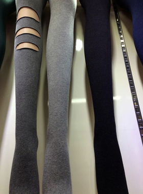 纯棉烟灰色连脚打底裤袜女春秋细螺纹薄款连袜踩脚竖条纹显瘦修身