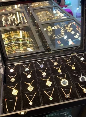 高挡首饰木箱黑色柜台带盖透明玻璃无盖看货收纳饰品项链戒指