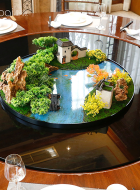 酒店餐桌花摆花仿真花高端新中式大圆桌装饰花摆件中间转盘微景观