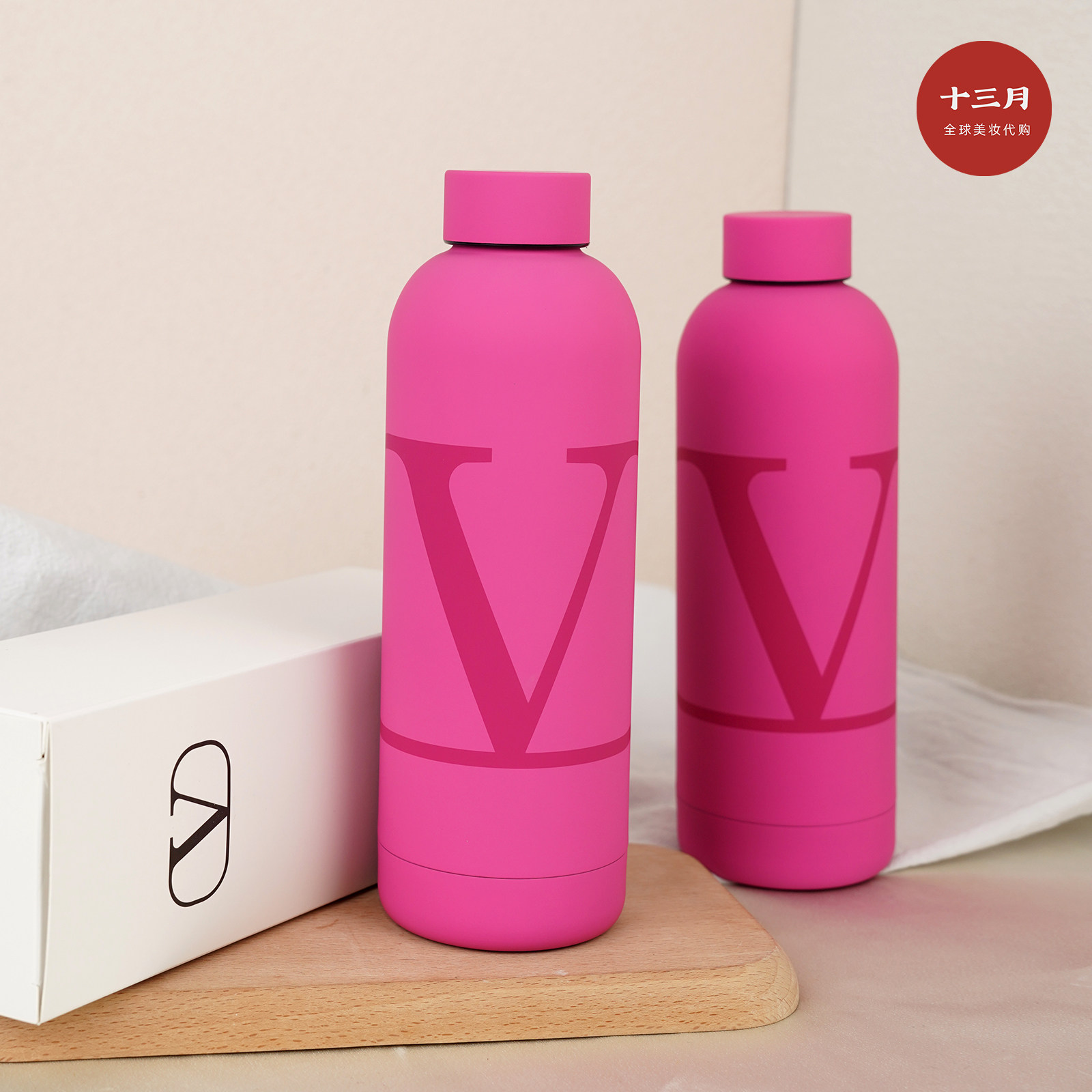 华伦天奴玫粉色大V保温杯500ml 专柜赠品 美妆周边不锈钢水杯壶