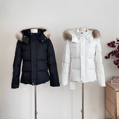 90白鸭绒收腰版羽绒服女冬季短款白色修身可拆卸毛领外套