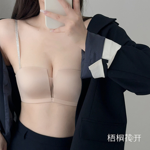 梧桐花开文胸光面无痕无肩带露肩礼服闪光中厚上薄下厚聚拢内衣