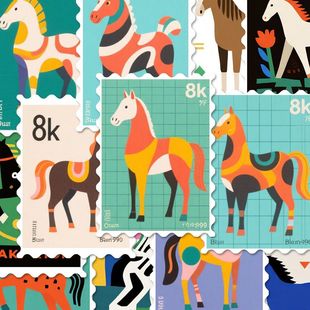 几何风卡通小马 108张马年邮票贴纸热门2026新年趣味手账贴画diy