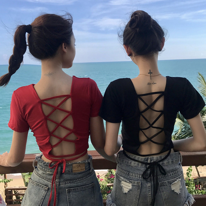 小心机后背交叉绑带上衣性感露脐t恤女bf夏天娃娃家潮流女装店铺