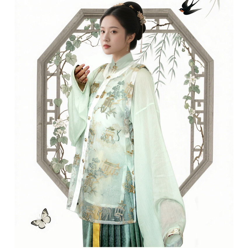 春夏轻薄明制女汉服透明绣花破肩比甲妆花眉子立领短袄织金马面裙