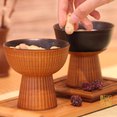 刘氏竹编纯手工艺掬露竹丝扣瓷高脚茶点盘中式 禅意零食坚果碟特色