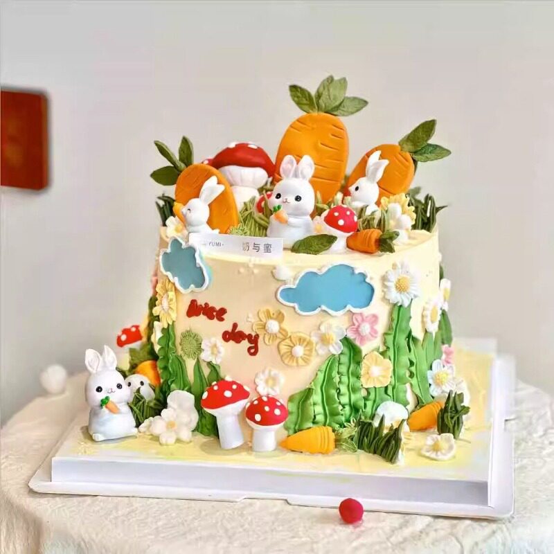 网红森系可爱小兔子胡萝卜小房子竹筐兔宝宝周岁生日蛋糕装饰摆件