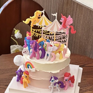 卡通粉色彩虹小马独角兽蛋糕装饰摆件女孩公主生日甜品台装扮插件