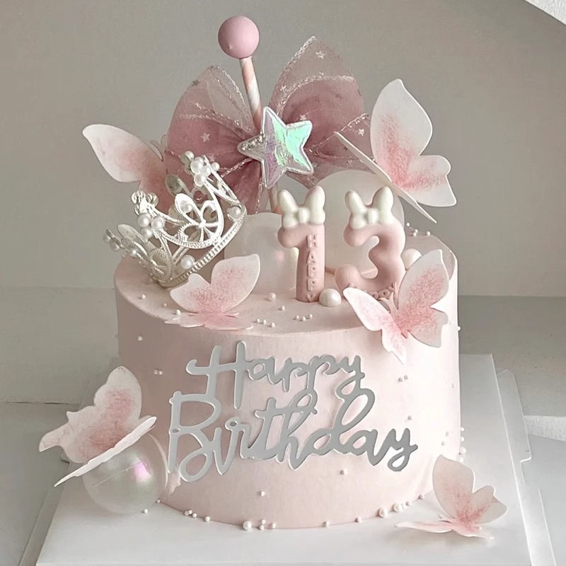 蝴蝶结蛋糕装饰插件女神小仙女生日蛋糕蝴蝶网纱透明球烘焙摆件