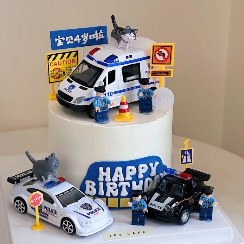 网红警车生日蛋糕装饰摆件卡通警务车警察儿童派对甜品台烘焙插件