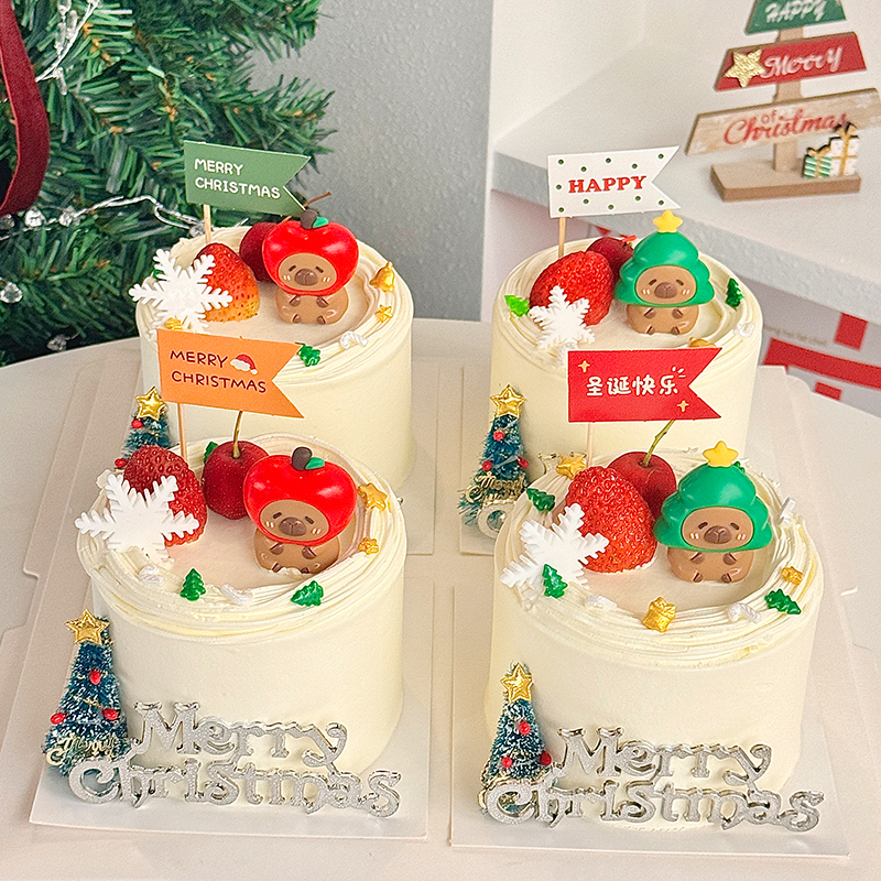 2026圣诞节快乐字牌蛋糕装饰插件卡通可爱圣诞树苹果卡皮巴拉摆件