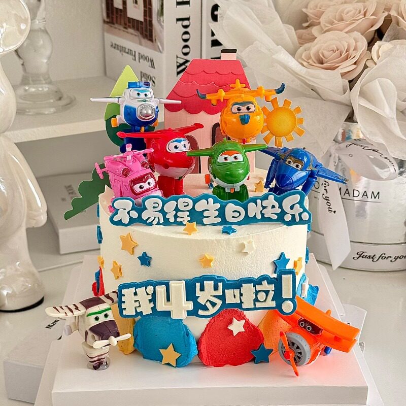 网红超级飞侠蛋糕装饰摆件男孩儿童变形小飞机生日小飞侠烘焙插件