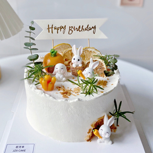 网红森系可爱小兔子胡萝卜小房子竹筐生日蛋糕装 饰摆件插件套装