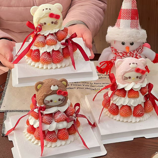 网红圣诞节新年蛋糕装 扮插件 饰小熊头KT猫摆件蝴蝶结草莓蛋糕装