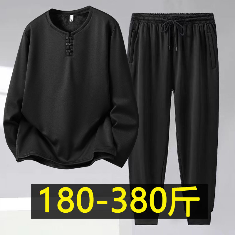 春秋薄款中国风套装男加肥加大码胖子宽松加绒唐装卫衣卫裤两件套