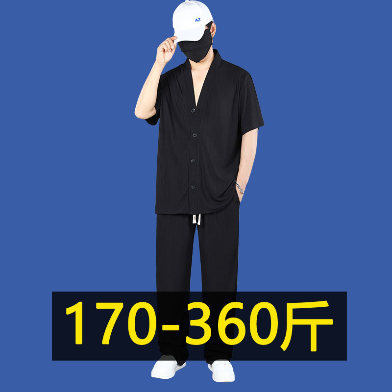 夏季高级感休闲V领短袖套装男加肥加大码胖子衬衫长裤两件套350斤