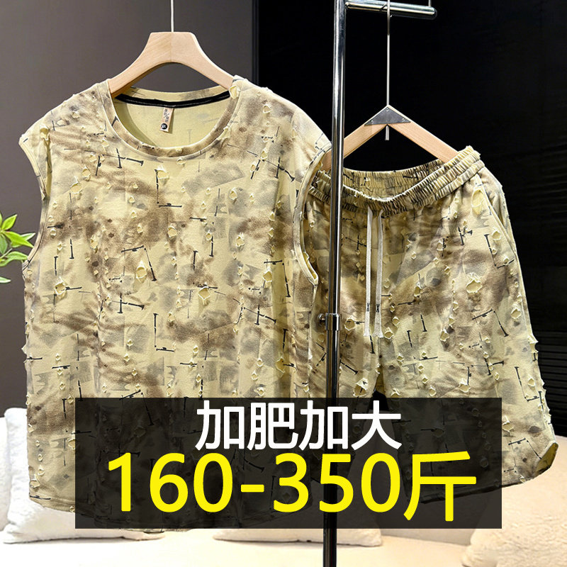 加肥加大码夏季无袖坎肩破洞两件套潮流时尚胖子休闲运动背心套装