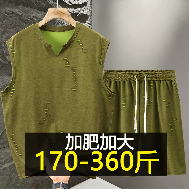 夏季休闲运动套装男士背心加肥加大码胖子无袖t恤坎肩短裤两件套