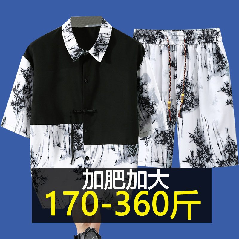 夏季国风水墨印花套装男加肥加大码胖子新中式拼接短袖短裤两件套