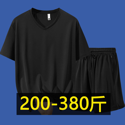 380斤特大码冰丝V领套装男t恤夏季加肥加大胖子网眼速干短裤体恤