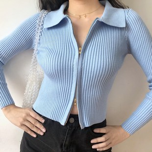 上衣潮 双头拉链坑条针织开衫 女春装 短款 外套紧身性感露脐翻领长袖