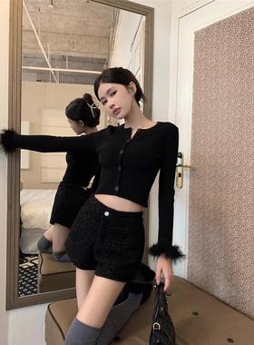 黑色长袖针织开衫女秋季甜辣妹bm修身短款打底衫毛毛拼接别致上衣