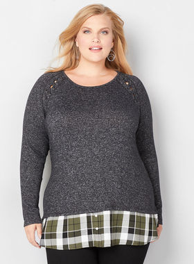 1545 欧美单胖MM特大码灰色军绿格子针织上衣 特大码200-400斤