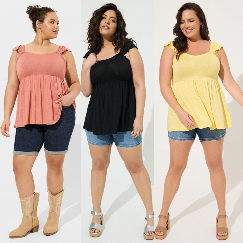 2676欧美胖MM黑桔黄色竹节荷叶边背心200 300 400斤