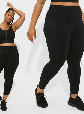 1531欧美胖mm黑色侧口袋速干健身裤 七分九分长裤 200 300 400斤