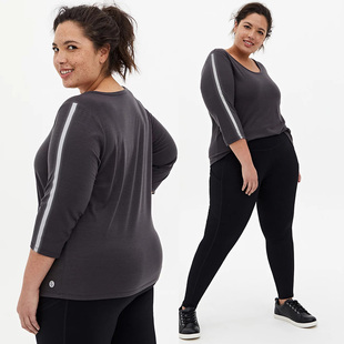 300 2091 T恤200 灰色镶条七分袖 400斤 欧美单胖MM特大码