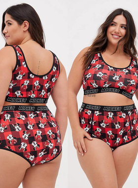 2328 欧美单胖MM特大码棉质红色格子卡通文胸+内裤200 300 400斤