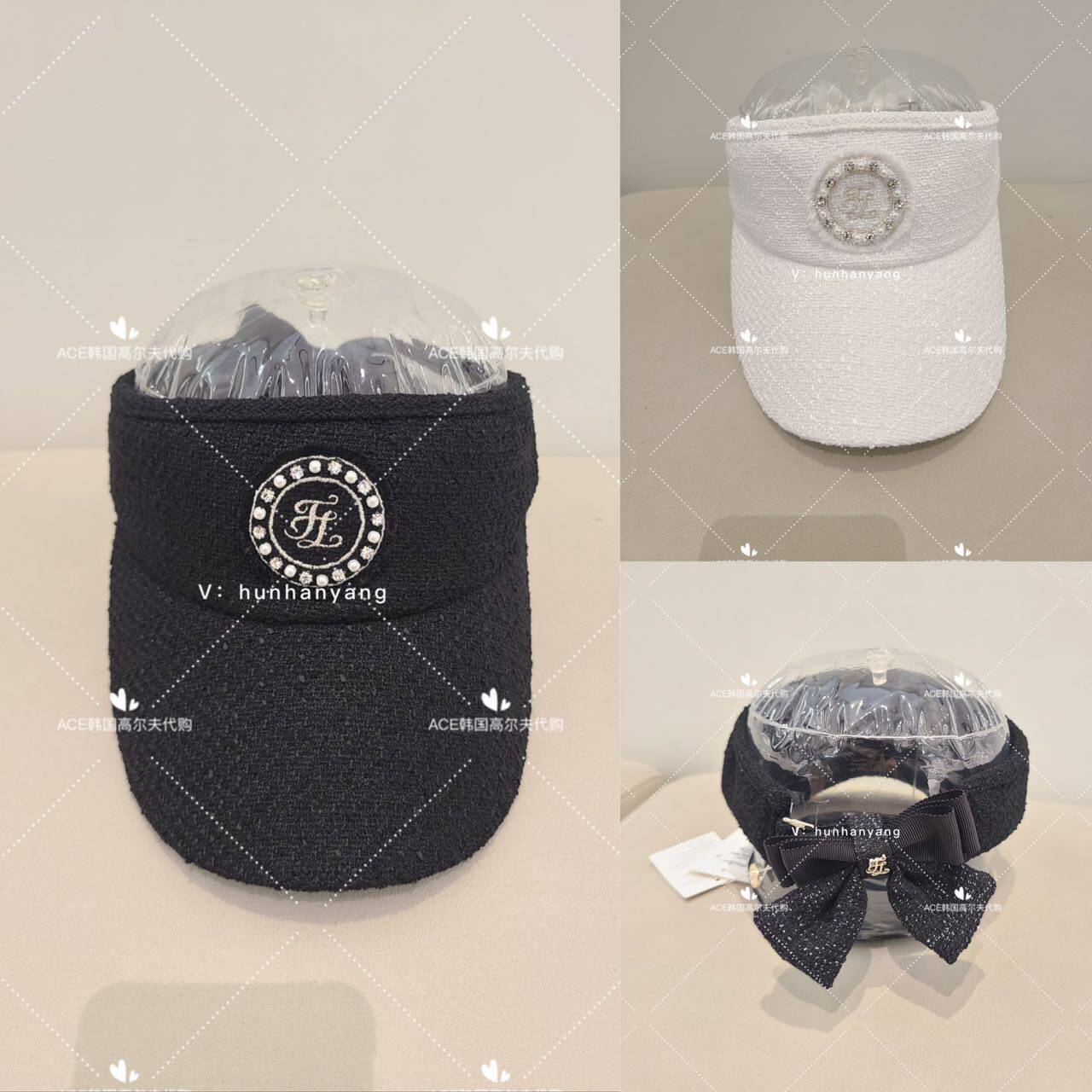 FL女士高尔夫球帽24秋冬百搭休闲时尚运动珍珠蝴蝶结无顶防晒帽