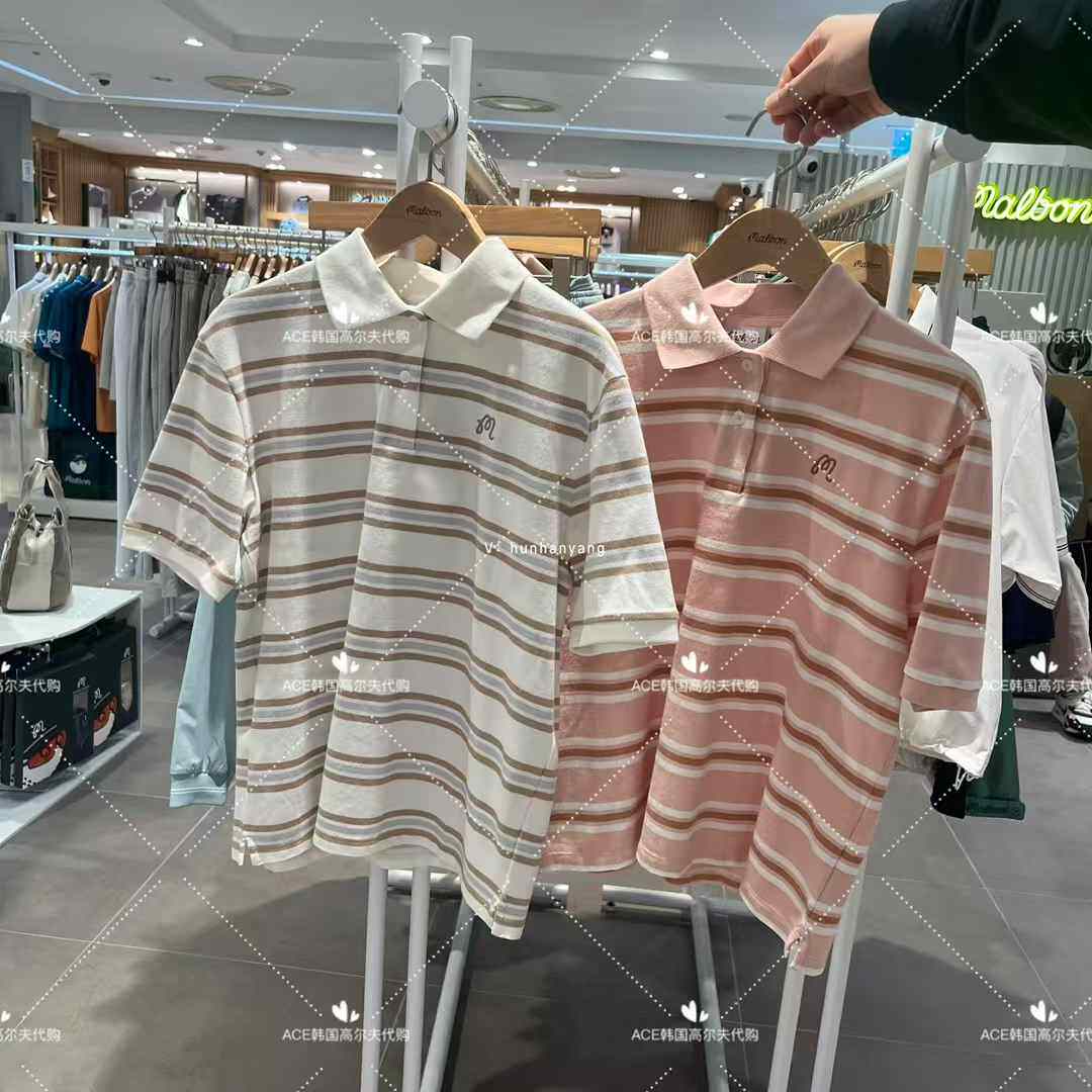 Malbon女士高尔夫折扣服装25夏季百搭休闲运动修身翻领条纹短袖
