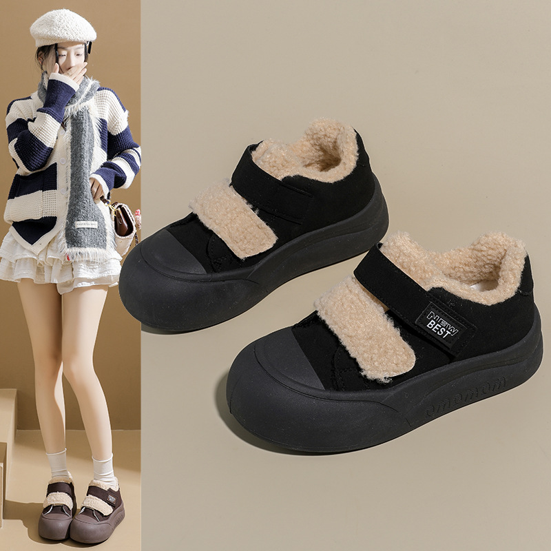 韩版厚底休闲加绒板鞋女2025秋冬款舒适软底百搭魔术贴棉鞋卡迪高