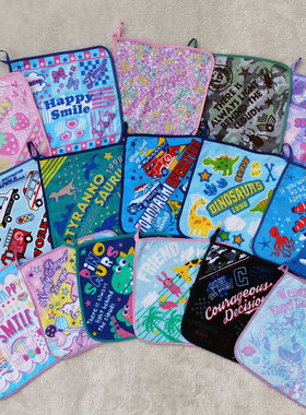 32x32cm日单花朵汽车恐龙外贸纯棉全棉包边挂巾儿童小方巾毛巾