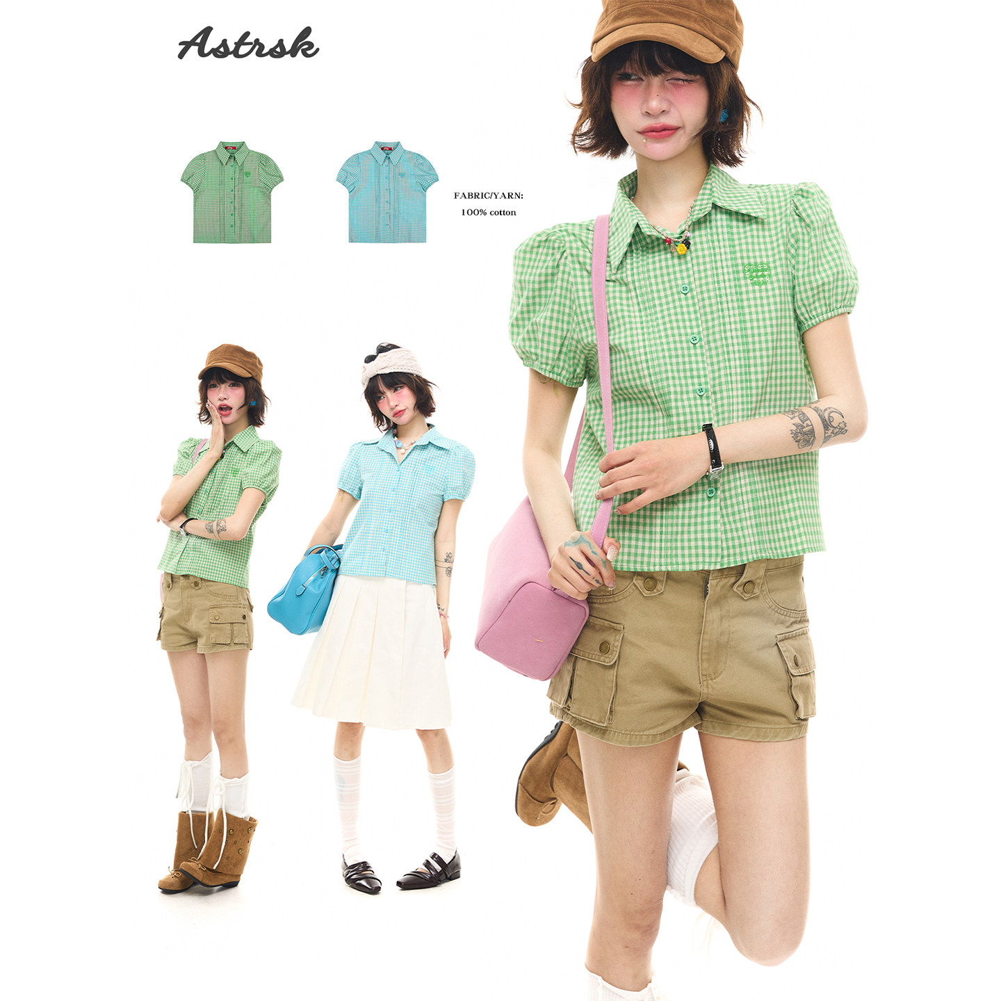 ASTRSK 格纹泡泡袖POLO领衬衫女夏日感休闲修身多巴胺衬衣ins上衣