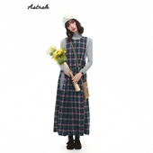 ASTRSK韩系复古休闲无袖 格子连衣裙女系带收腰毛呢叠穿A字长裙子