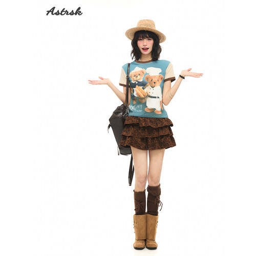 韩系撞色拼接小熊印花正肩短袖