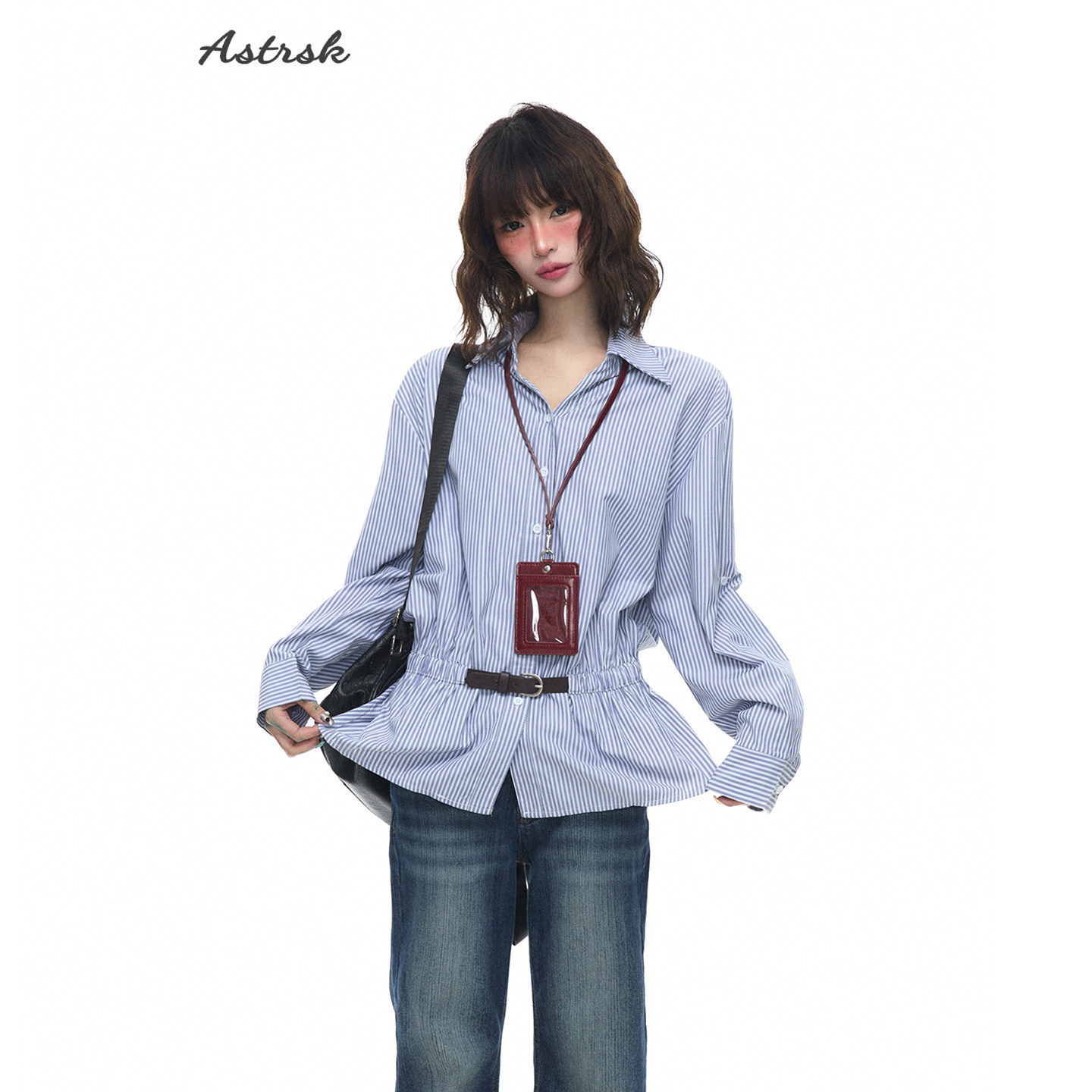 ASTRSK韩系气质竖条纹收腰带衬衫裙上衣女春秋高级感通勤百搭衬衣