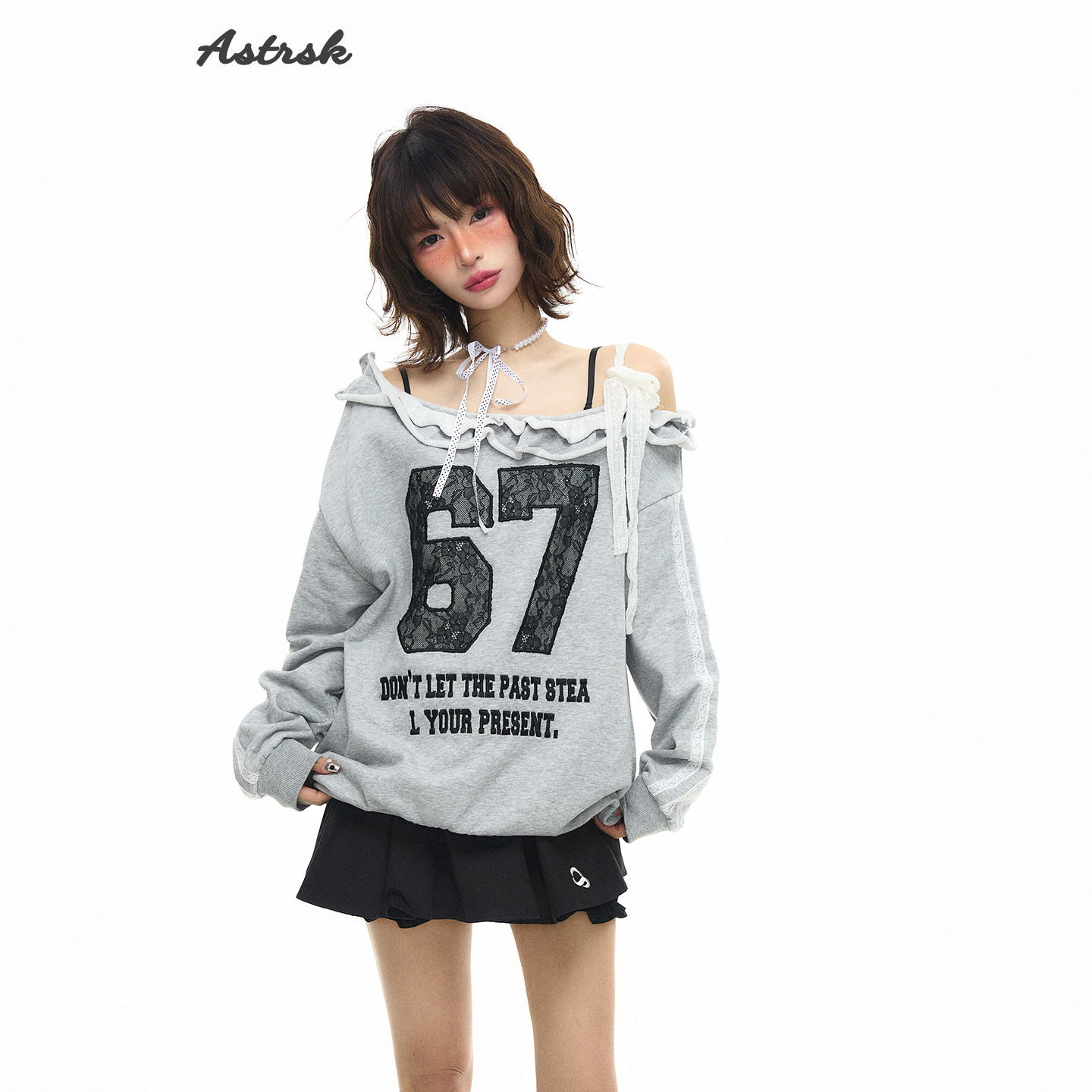 ASTRSK韩系学院风复古花边蕾丝露肩卫衣女慵懒风宽松绑带露肩上衣,女装/女士精品,卫衣/绒衫,淘宝优惠券,粉丝福利购,淘宝优惠卷