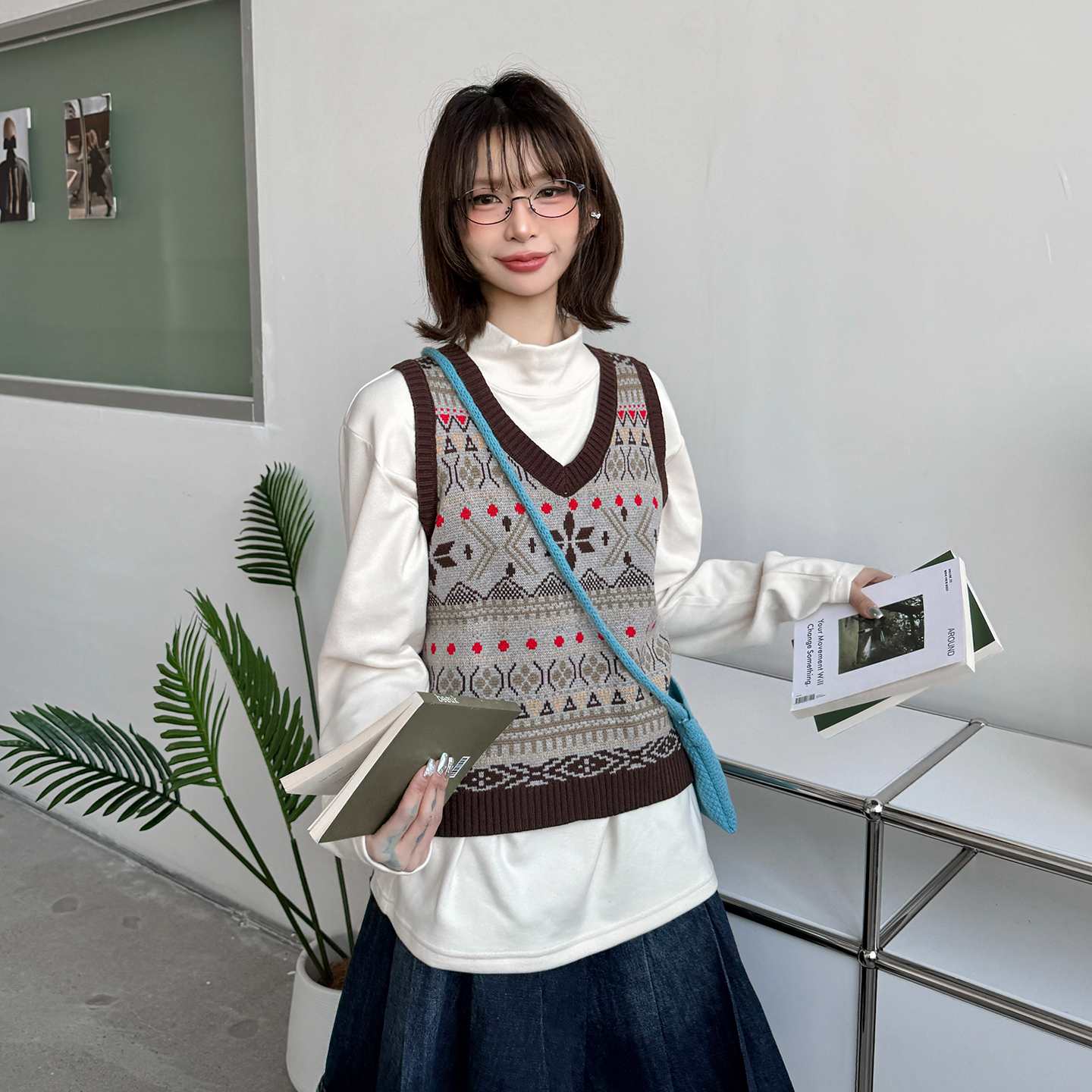 复古拼色提花费尔岛V领针织马甲