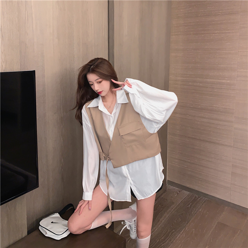 實拍實價~韓國女士休閒無袖西裝短馬甲+燈籠袖白色襯衫兩件套