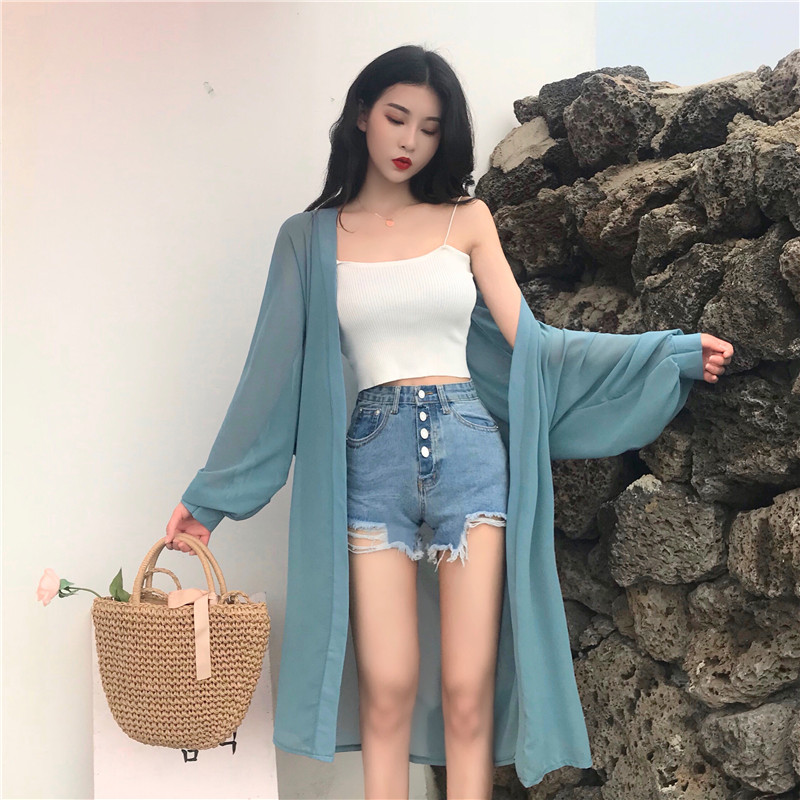 Real price, real shot! ~Hong Kong style retro air bat sleeves show thin and Versatile Medium Long Sleeve Chiffon sunscreen clothes