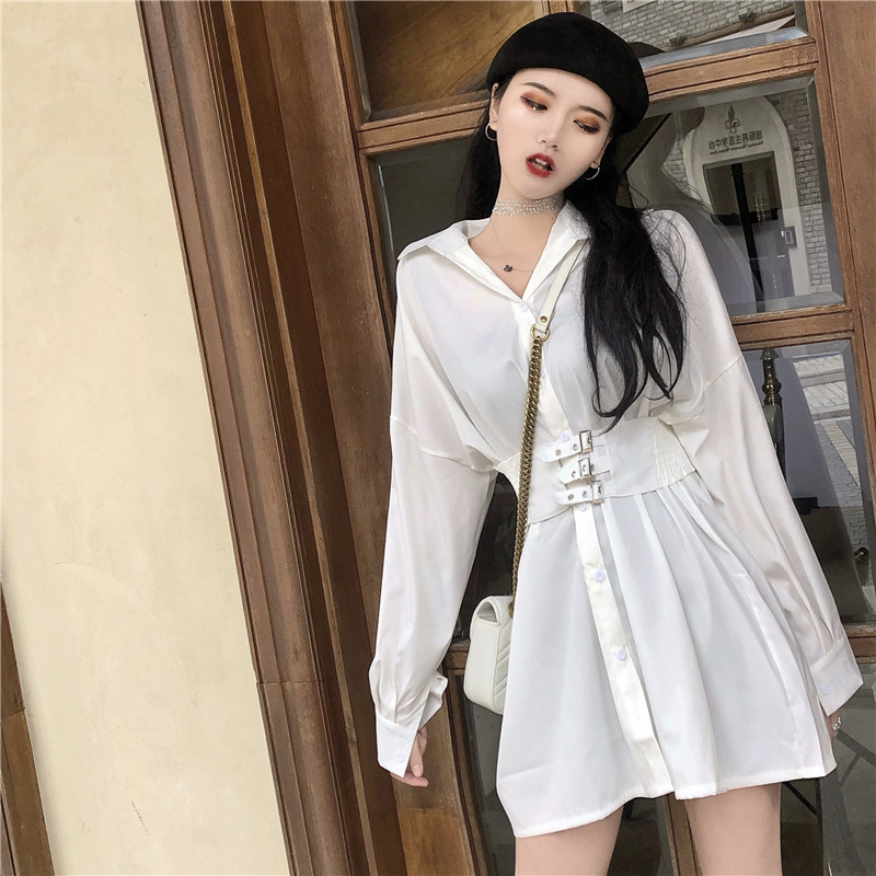Real price real shooting ~ early spring Hong Kong Style versatile temperament Lapel foreign style show thin medium length long sleeve shirt + belt