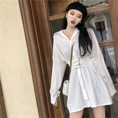 Real price real shooting ~ early spring Hong Kong Style versatile temperament Lapel foreign style show thin medium length long sleeve shirt + belt