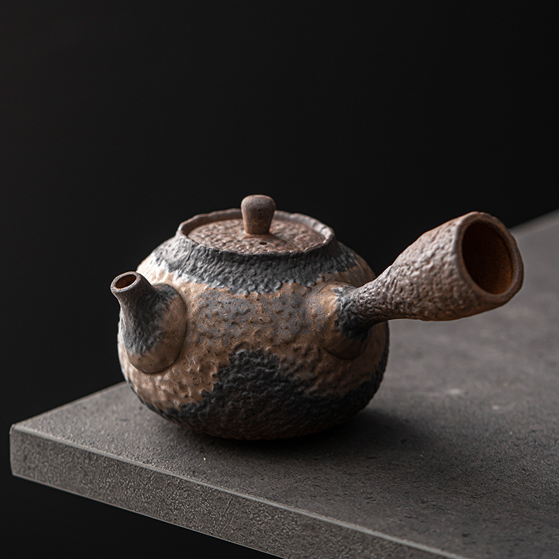 古早烧粗陶侧把壶 粗陶复古铁锈釉泡茶壶茶壶泡茶器侧把茶壶